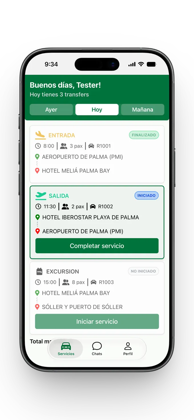 Pantalla principal de ROIG Drivers App con la lista de servicios del día: una entrada, una salida y una excursión
